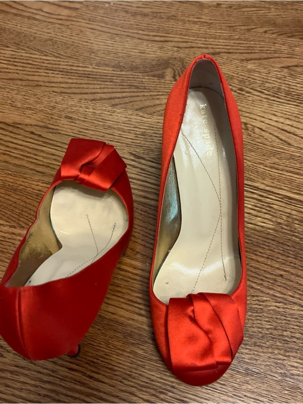 kate spade Red Satin Peep-Toe Heels with Front Bow